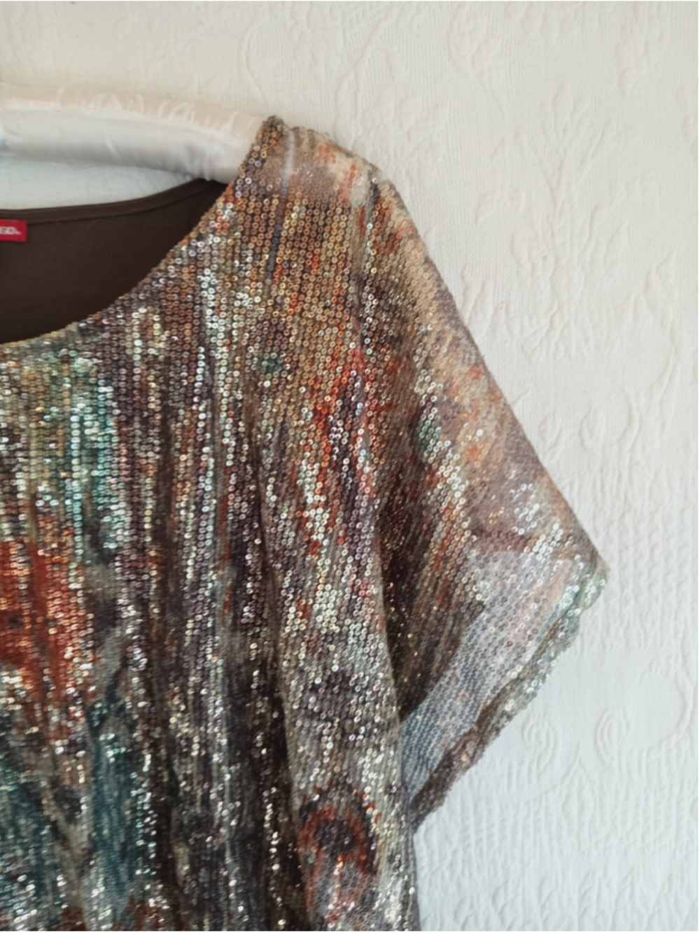 Bongo Sequin Dolman Blouse Brown Copper western tribal boho metallic sparkle LG - Picture 5 of 11
